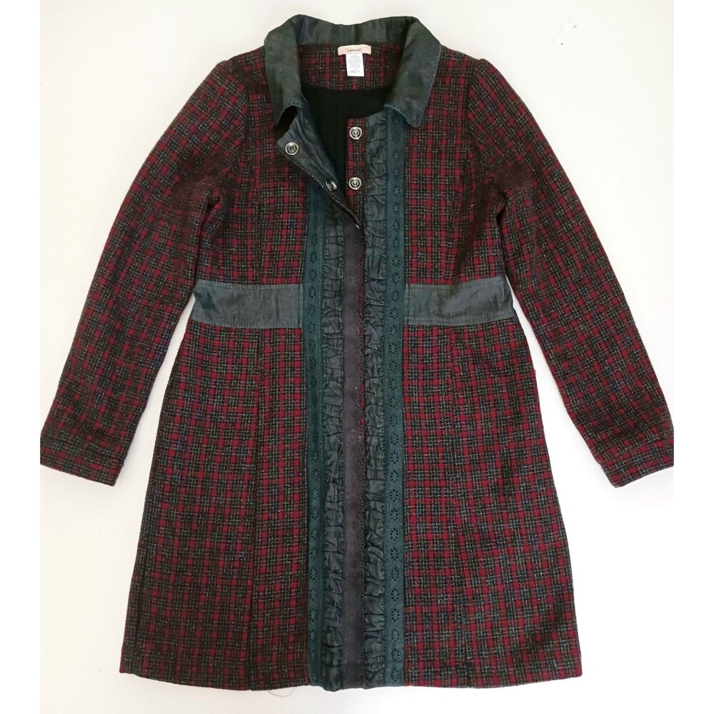 Lulumari Red/Blk/Gray Wool Blend Coat Blk Cotton Denim Lace Trim Sz M/L